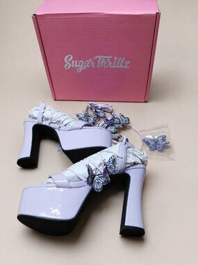 Dolls Kill Sugar Thrillz Pixie Queen Purple Butterfly Charm Lace Up Heels Sz 11
